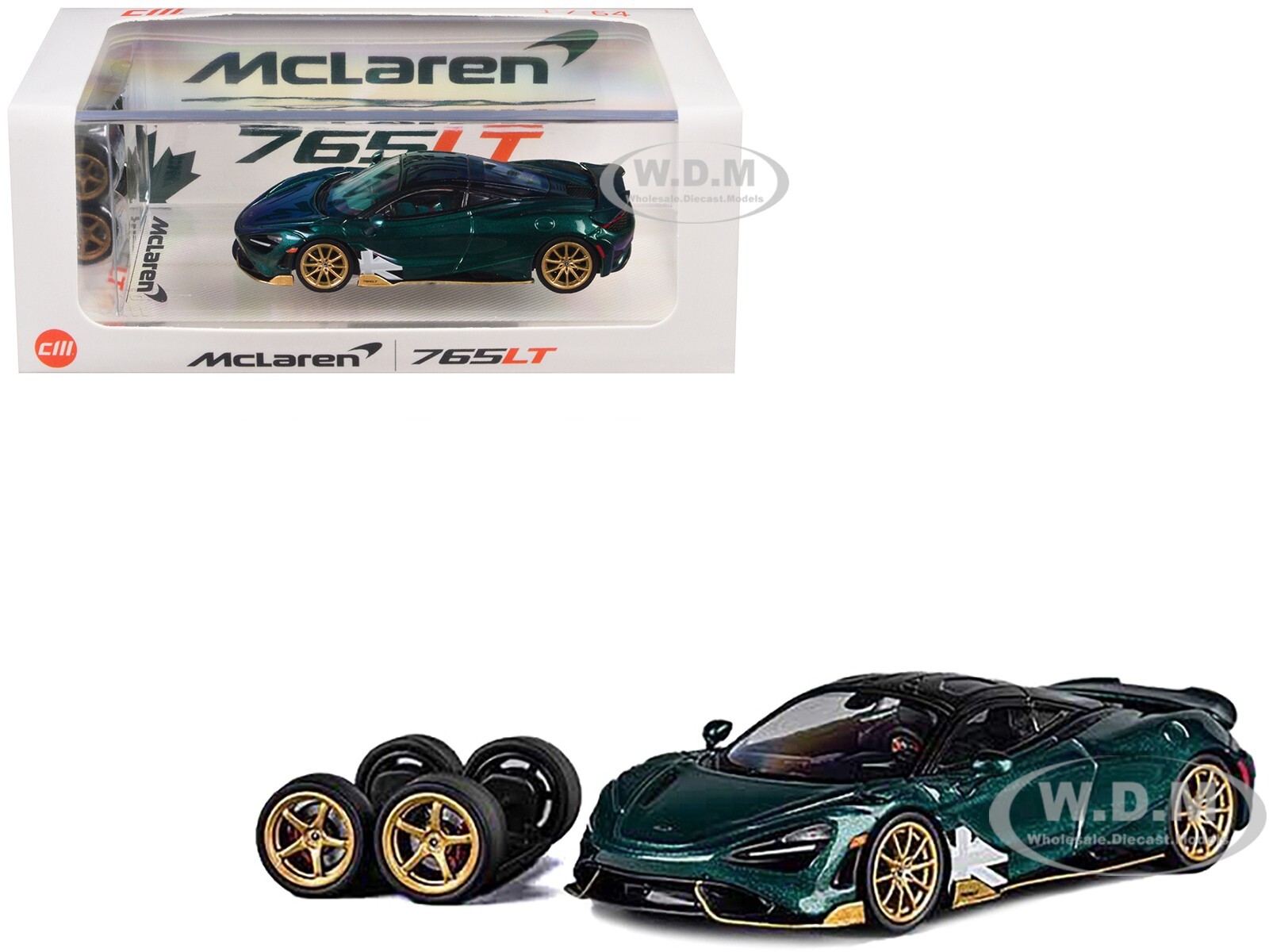 MCLAREN 765LT RACING GREEN с ДОПОЛНИТЕЛЬНЫМИ КОЛЕСАМИ 1/64 МОДЕЛЬ BY CM МОДЕЛЬ CM64-765LT-17
