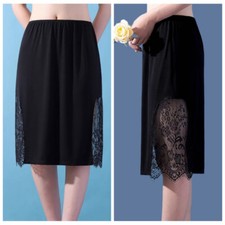 Women Lace Petticoat Skirt Underskirt Slit Splice Midi Half Slip Formal Black