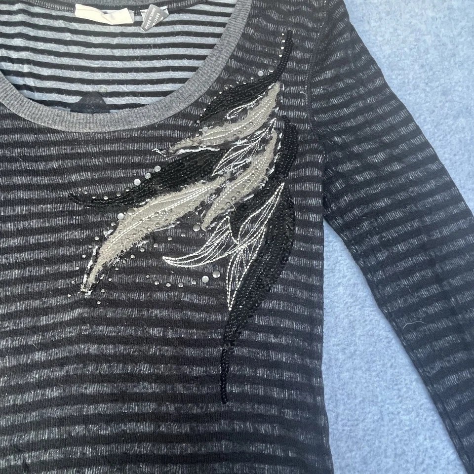 Miss Me Shirt Womens Medium Black Gray Striped Embellished Long Sleeve - Image 2 of 4