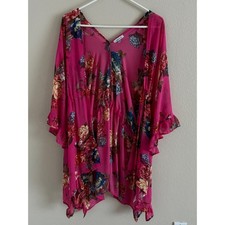 White Birch Bright Pink Floral Kimono Wrap Ruffle Chiffon Cardigan Ruffles S/M