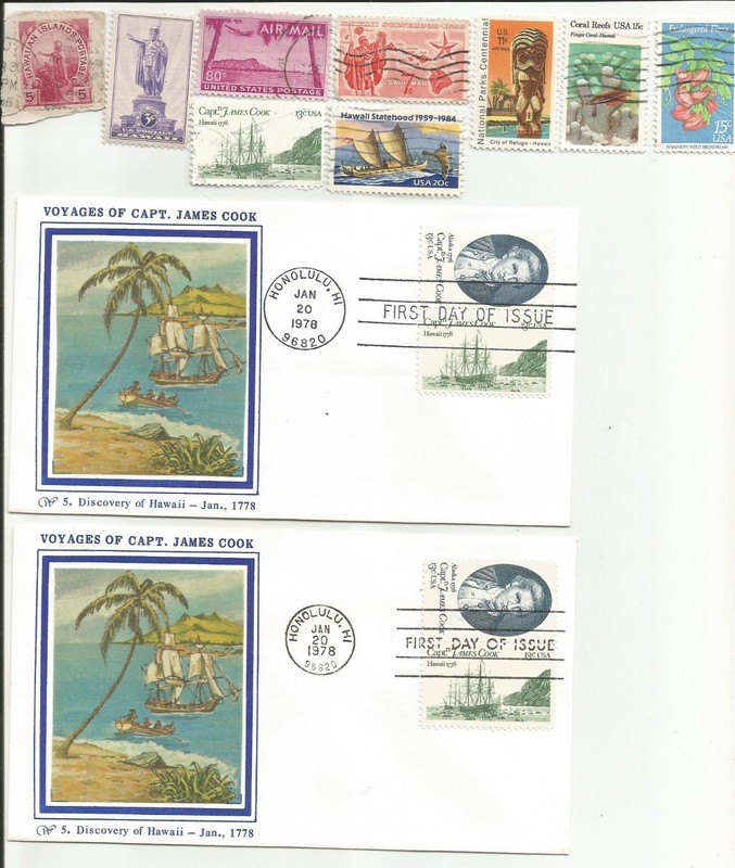 2 SCANS. HAWAII RELATED LOT HAWAIIAN HI. 1 FROM 1800s. COOK FDC.  AIRMAIL C46