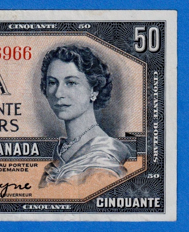 Canada $50 1954 BC-42a / P-81a - QE II - Circulated Note A/H 8156966 - Изображение 3 из 4