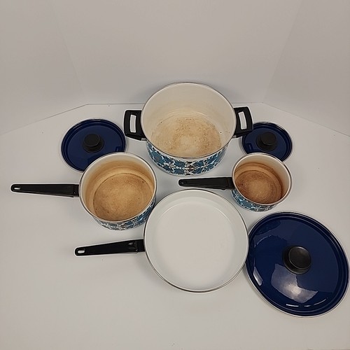 Vintage Farmhouse Enamelware Cook Set Floral Flower Blue 8 Piece Set Pots Pans - Picture 2 of 14