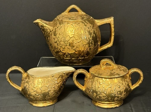 McCoy 24k Gold Weeping Sunburst Teapot, Sugar Bowl & Creamer Set