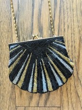 Vintage La Regale Gold Black Silver Sequin Shell Beaded Purse Sequined Clutch