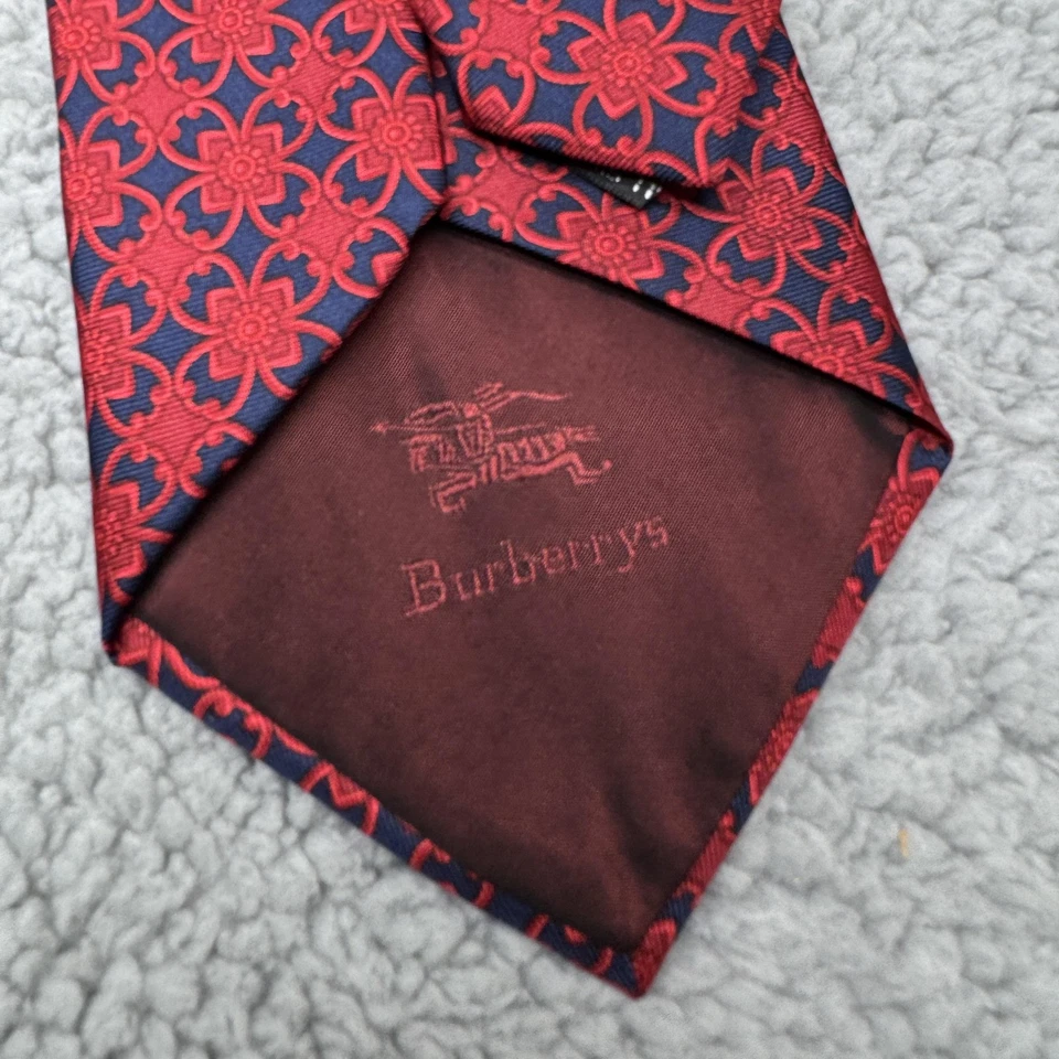 VINTAGE Burberrys Tie Mens Red Blue Silk Floral Geometric Medallion Necktie - Image 3 of 4