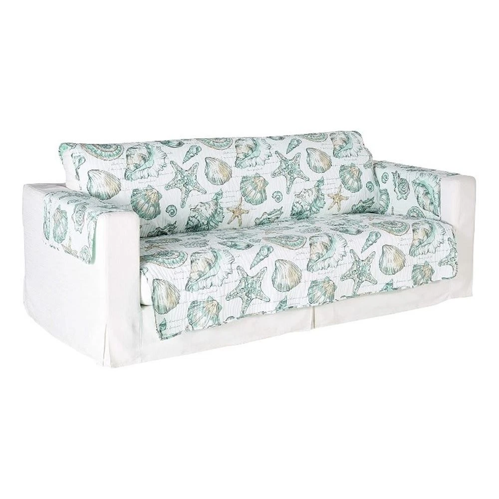 Benjara Jiye 127" Wave Quilted Sofa Cover with Seashell Design- White Polyester