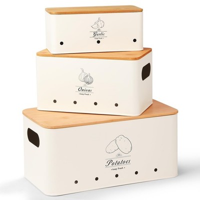 Kitchen Vegetable Storage Tins Set of 3 for Potatoes, Onion, Garlic, Vegetabl...