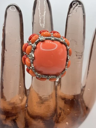 Vintage Statement Large Sterling Silver Ring w/ Red & Salmon Coral Size 7