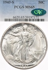 1943-S 50C PCGS MS65 CAC Walking Liberty Silver Half Dollar Uncirculated