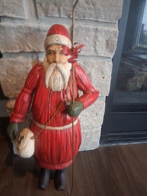 Hand Carved Folk Art Wood Corn Husk Santa Claus Primitive Apprx 22 In TALL