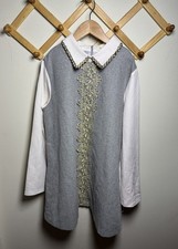 Vintage 1970s Girls L Mod Mini A Line Shirt Dress Embroidered Peter Pan Collar