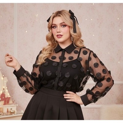 Whimsigoth Sheer Mesh 3D Floral Applique Button Up Blouse Plus Size 3X Black