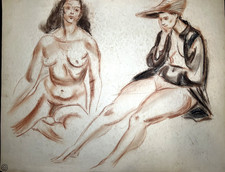 Double Sitting Female Figures–Bertram Hartman–Conte Drawing- 20th NYC Modernist
