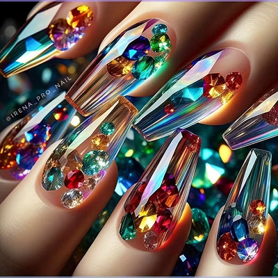 24pcs Medium Ballet Shape Press On Nails with Colorful Gemstones Design, Parties