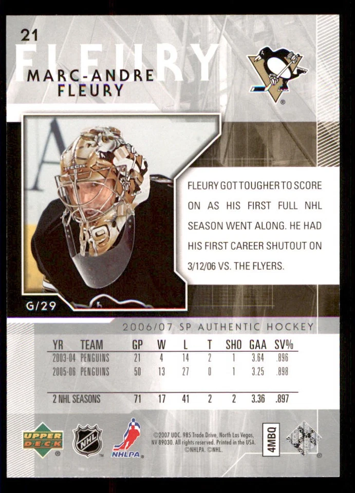2006-07 SP Authentic #21 Marc-Andre Fleury - Image 2 of 2