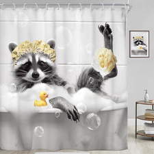 Kids Funny Raccoon Bathtub Shower Curtain Set Vintage Gray Bathroom Decor  72X7