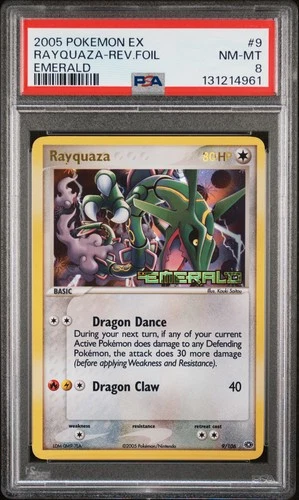2005 POKEMON EX EMERALD #9 RAYQUAZA-REVERSE FOIL PSA 8