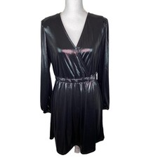 Michael Kors Women’s Metallic Draped Long Sleeve Cocktail Dress Size M Gunmetal