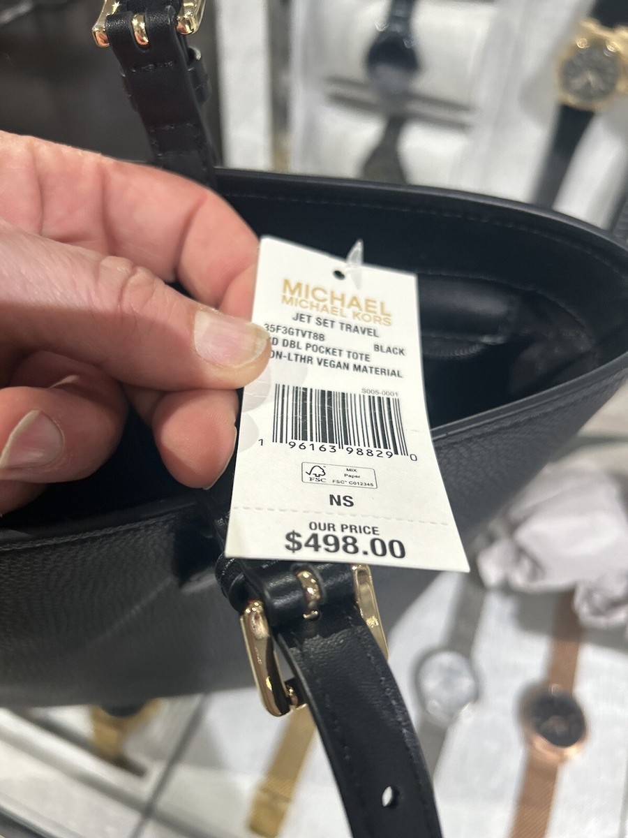 Michael Kors Jet Set Medium Black Vegan Leather Double Pocket Tote