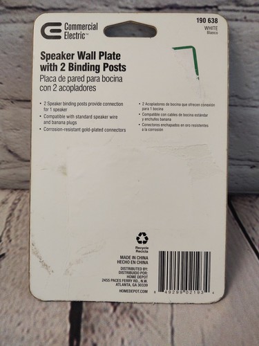 Commercial Electric Speaker Wall Plate with 2 Binding Posts, White, New in pack - Picture 4 of 6