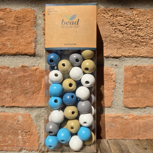 NIB Bead Design Co. Wood Bead Mix Arts & Crafts Blue Navy White Gray Beige Beads