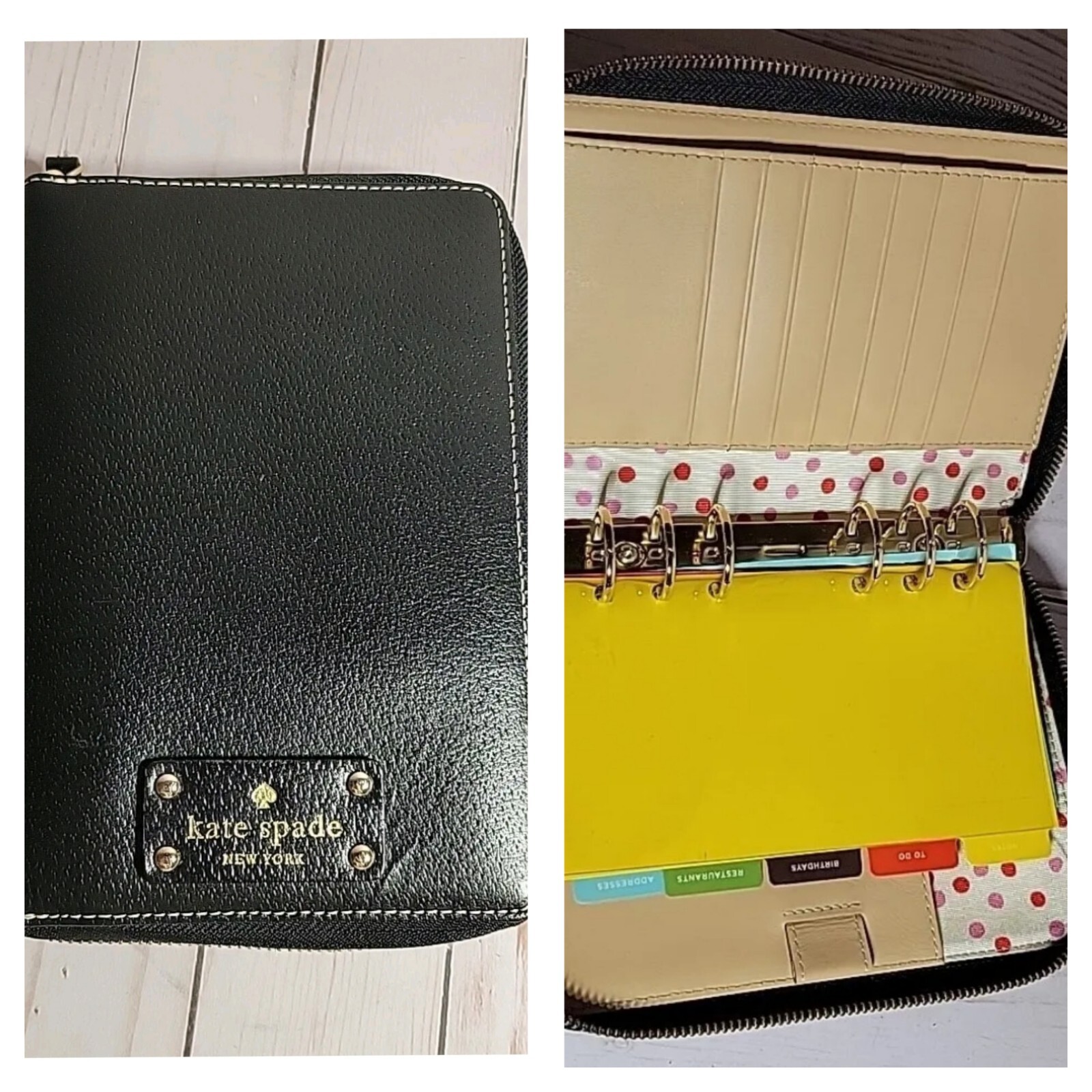 KATE SPADE Black Leather Personal Size Zip Planner Organizer 6-Ring ...