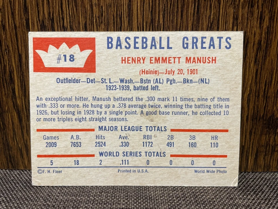 1960 Fleer Set Break # 18 Heinie Manush Foto 2 de 2