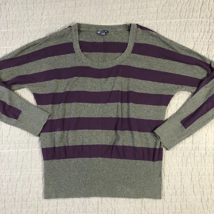 Gap Sweater Women Large Gray Purple Striped Cotton Scoop Neck Long