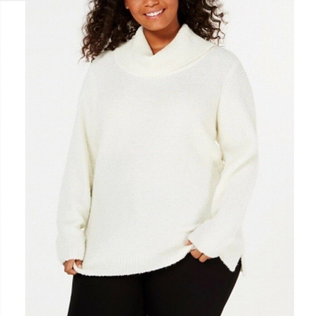 Calvin Klein Women Plus 0X White Long Sleeve Ribbed Trim Cowl Boucle Sweater NEW