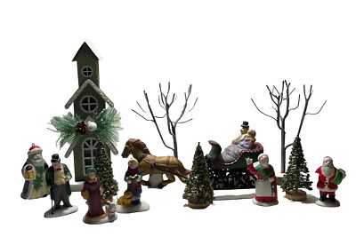 Vintage 1995 LEMAX 13 Piece Collection Christmas Village Ceramic Figurines Trees