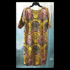 Handmade African Cotton Geometric Print Short Sleeve Shift Dress - OAK Sz-M/lL