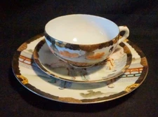 Vintage Hand-Painted Asian Porcelain Plate, Cup & Saucer 3 Geisha Women. Signed.