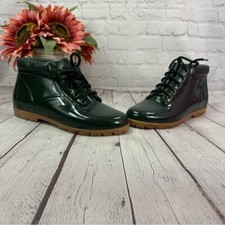 lands' end vintage 90s rain boots forest green tan ankle lace up womens sz 9