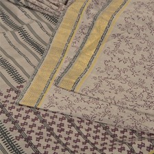 Sanskriti Vintage Grey Indian Sarees Blend Silk Hand-Block Printed Sari Fabric