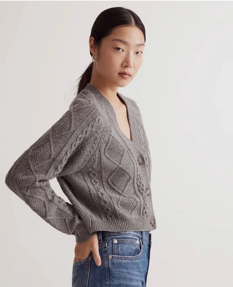 Cárdigan recortado tejido con cable mezcla de lana brillante Madewell gris oscuro talla grande nuevo con etiquetas