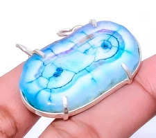 Marine Blue  Solar Quartz Eye Gemstone 925 Sterling Silver Pendant 1.25" A317
