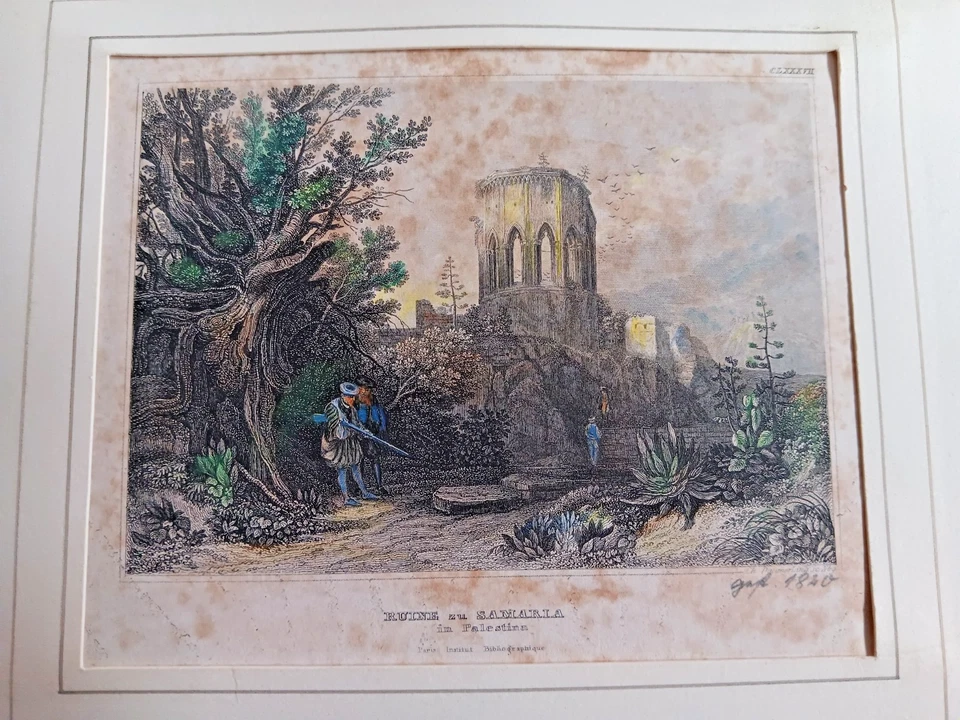 antiker colorierter Stahlstich Christian Daumerlang Ruine zu Samaria Palästina - Bild 2 von 4