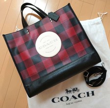 Borsa Coach Dempsey Bufalo Stampa Plaid Tote Bag Argento Rosso Grande 2 Vie Tracolla