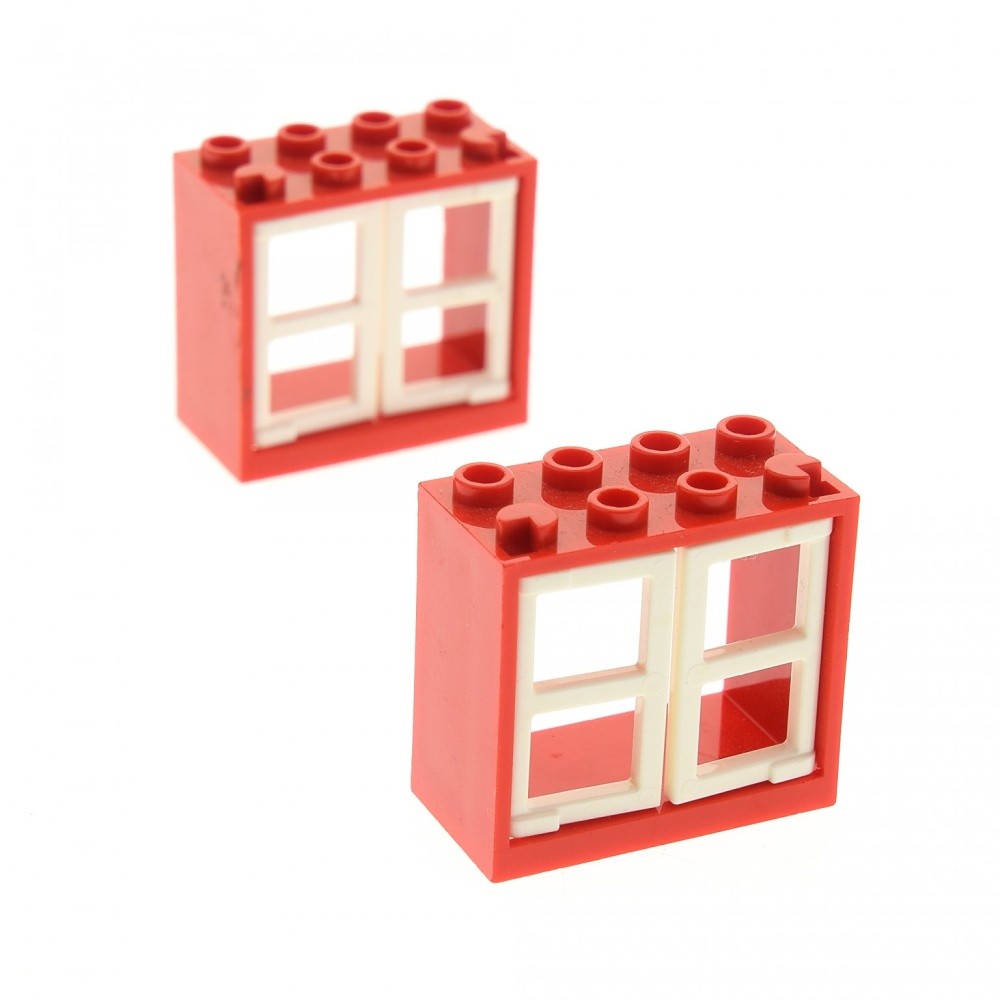 2x Lego Window Frame 2x4x3 Red Shutters White 4520842 60608 4528164 60598