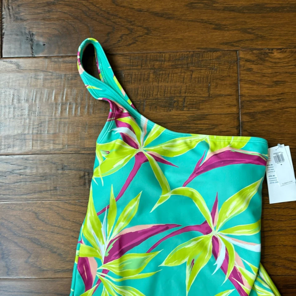 Nuevo con etiquetas Traje de baño de un hombro estampado azul marino antiguo Tropic Days talla M vacaciones UPF 40 Foto 2 de 4