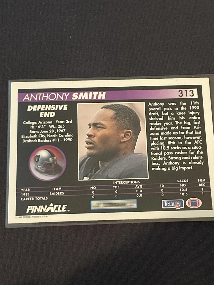 1992 Pinnacle #313 Anthony Smith *1081 - Image 2 of 2
