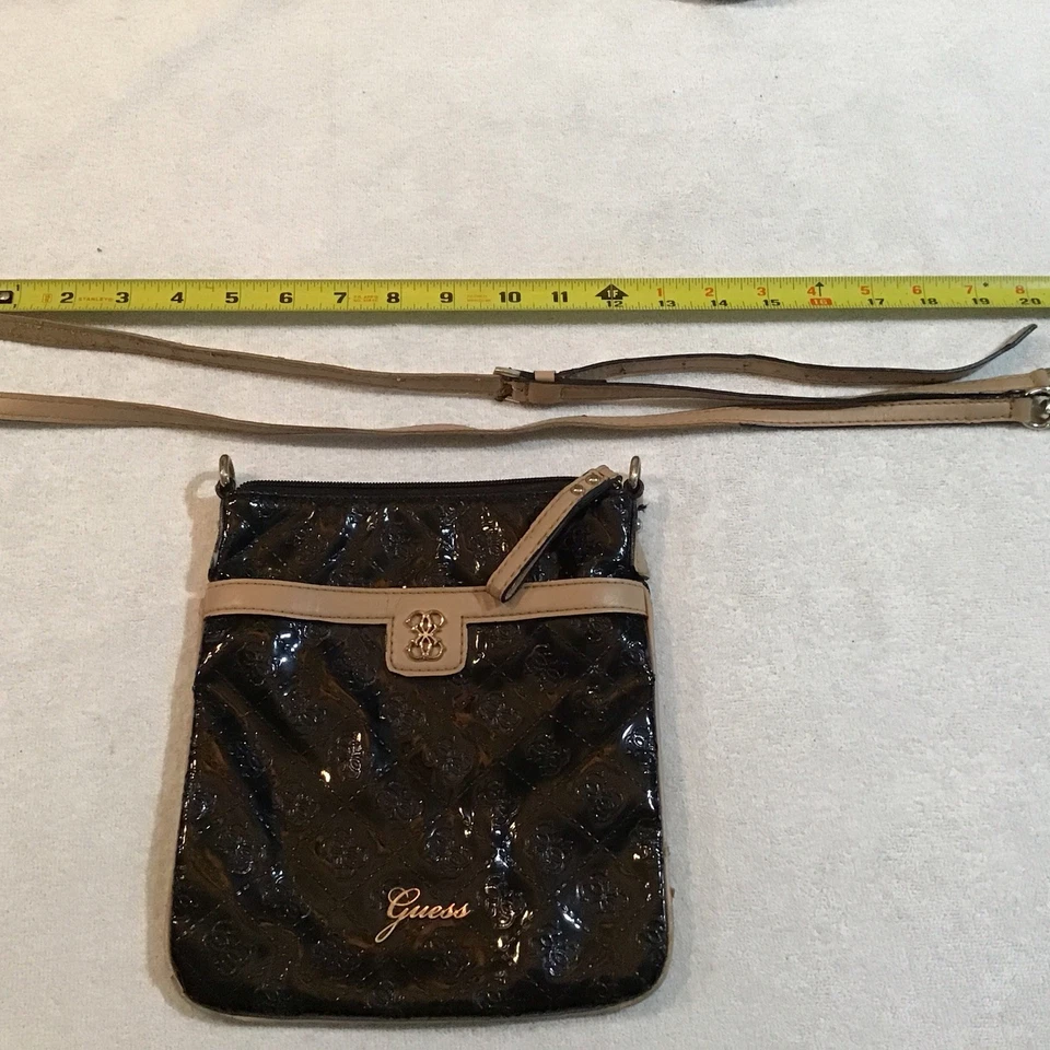 Vintage Guess Black Patent Crossbody Bag  Purse Tan Trim  Y2K Rectangle Retro - Image 3 of 4