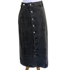 Vintage black button front denim jean skirt knee length size large