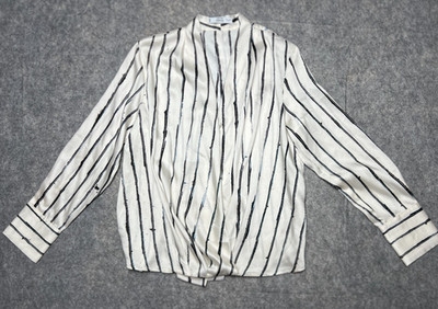 Mango Women's Long Sleeve Striped Print Wrap Blouse White  Size Medium