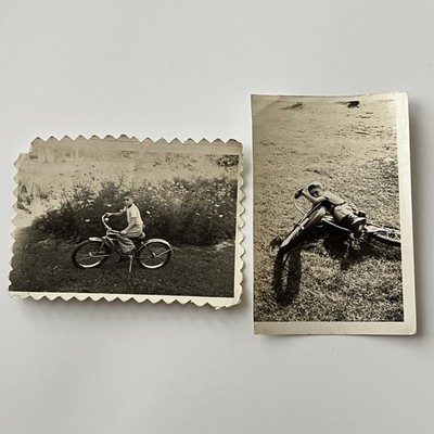 Vintage B&W Snapshot Photograph Boy Riding Bike Them After Falling Over Funny