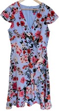 Vince Camuto Floral Faux Wrap Dress Size 14 Blue Ruffle Short Sleeve - No Belt