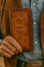 Western Leather Bi-fold Rodeo Wallet Floral Tooled Ranger Cordovan Stitch Edge
