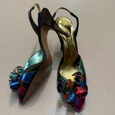 Escarpins Beverly Feldman - Slingback Satin Noir à Cristaux - Talons Hauts - Taille 8 US