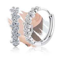 Sterling Silver Huggie Hoop Flower Earrings White Gold Small,